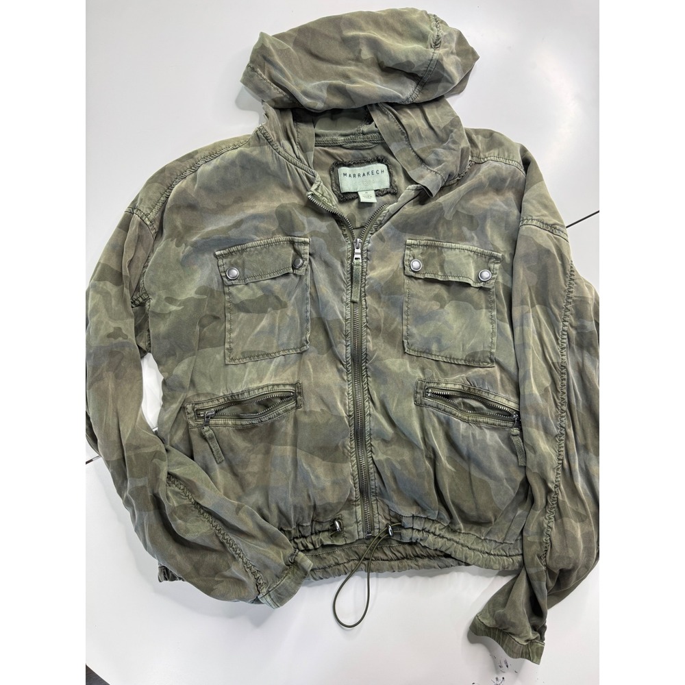 Marrakech Camo Hooded Utility Jacket Womens Medium Green Full Zip Bomber